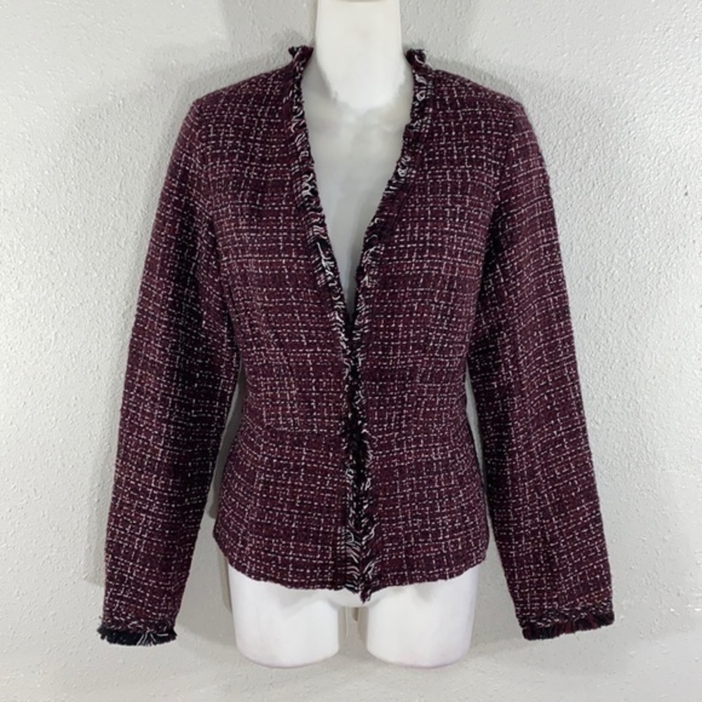 WHBM burgundy white black tweed peplum fringe jacket - Picture 4 of 15